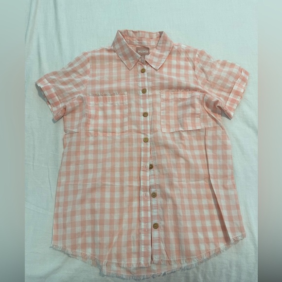 NWOT Show Me Your MuMu Antonelli Top Peach Gingham Blouse Medium Short Sleeve - Picture 1 of 4